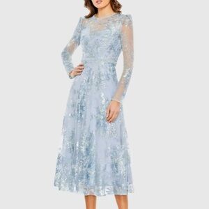 Blue Embellished Illusion Long Sleeve Midi Dress Plus Size